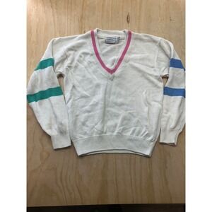 Vintage Forenza Sportswear V-Neck Sweater White Pink Blue Green Stripes Large